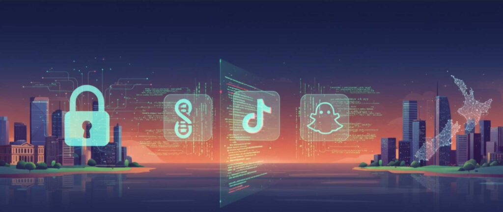 Digital network overlay on a New Zealand landscape, symbolising the Trans-Tasman Teen Social Media Challenge, Compliance and Consequences